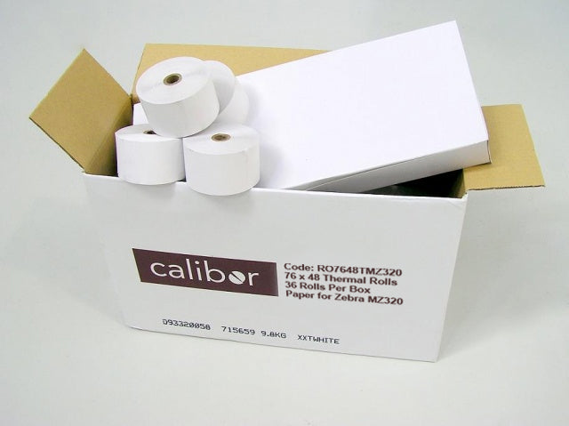 CALIBOR THERMAL PAPER 76X48 36 ROLLS/BOX 19MM/CORE