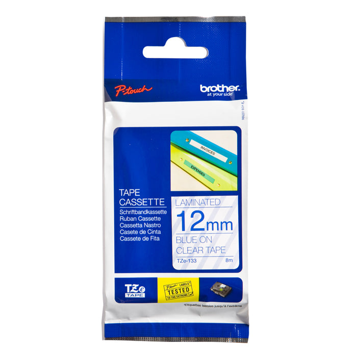 BROTHER TZE TAPE 12MM BLUE ON CLEAR