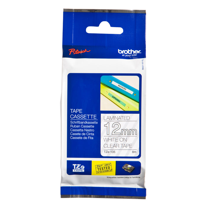 BROTHER TZE TAPE 12MM WHITE ON CLEAR