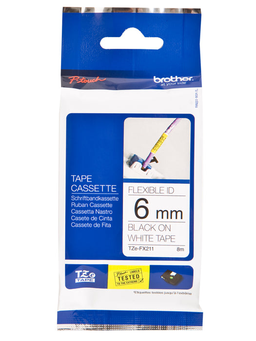 BROTHER TZE TAPE 6MM BLACK ON WHITE FLEXIBLE